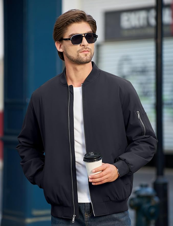 Cotrasen Mens Bomber Jacket Fall Winter Warm Windbreaker Casual Full Zip Padded Coats with Pockets