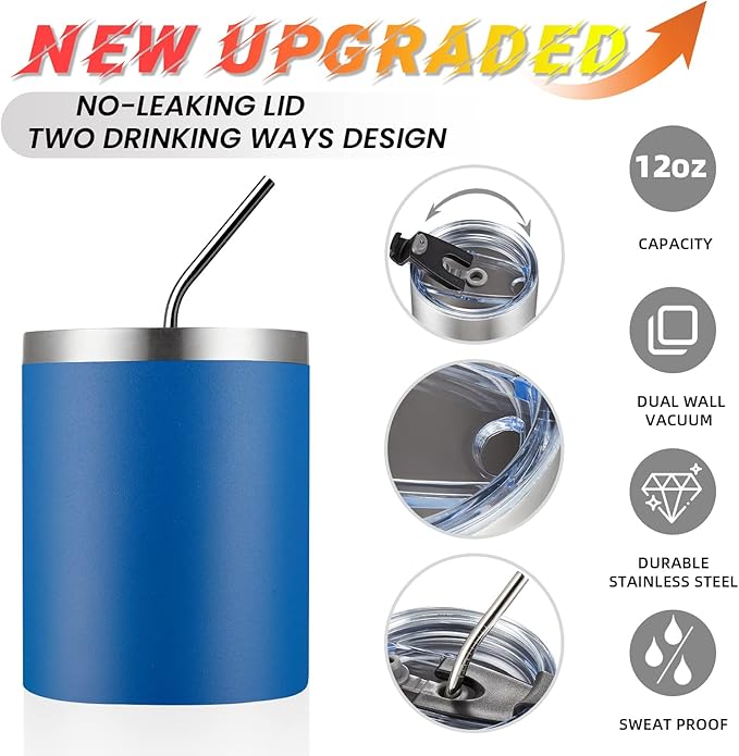 MEWAY 12 oz Lowball, Tumbler Stainless Steel Double Wall Vacuum Insulated Mug with Straw and Lid, Cleaning Brush ,Durable Powder Coated Insulated Coffee Cup for Cold & Hot Drinks (Navy,1 Pack)