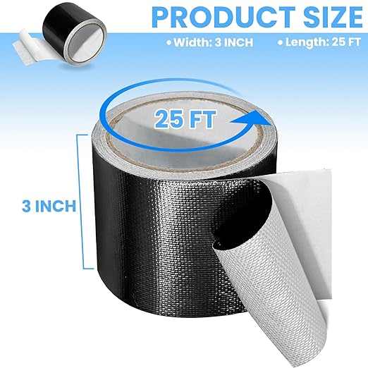 Waterproof Repair Tape for Fabric, Awning, RV Roof, Underbelly, Tarp, Tent, Sail and Boat Cover Outdoor Repair Patch, Heavy Duty, UVproof, Multipurpose Black