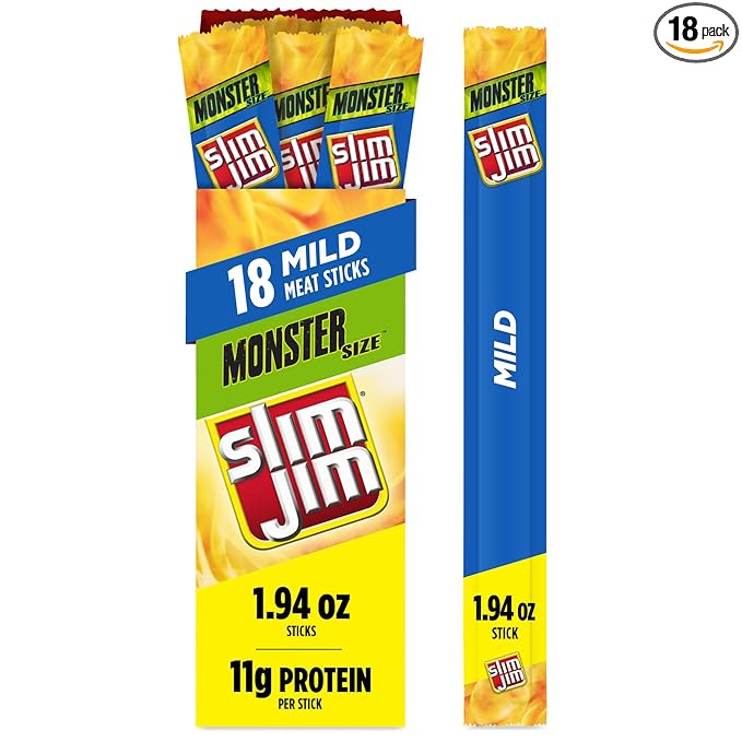 Slim Jim Monster Smoked Meat Sticks, Mild Flavor, High Protein, 1.94 oz. (18 Count)