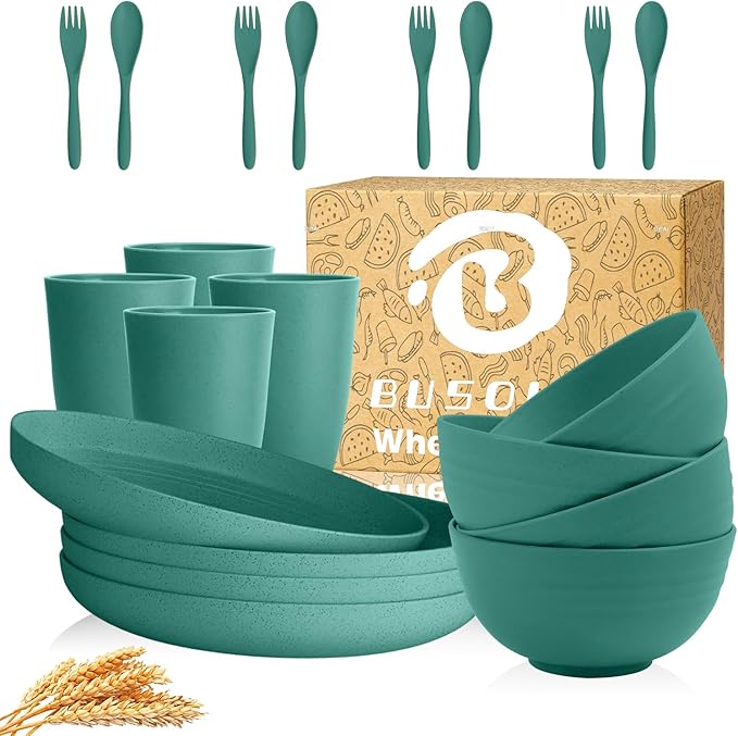 Wheat Straw Dishes Sets for 4 | Unbreakable Plastic Plates and Bowls Sets 20 PCS, Kids Dinnerware Set for Outdoor Camping, Dorm, Kitchen, Microwave Safe Kids Plates, bowls,Cups (Green)