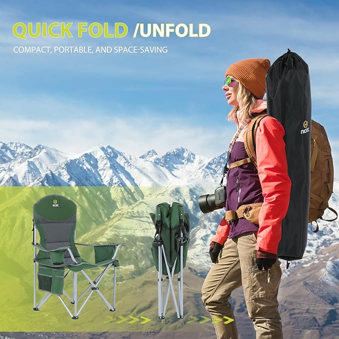 Nice C Camping Chair, Portable Chair, Lawn Chairs, Outdoor Chairs, with Armrest, Cooler Bag, Cup Holder, Side Pocket, for Camping, Traveling, Picnic (Green&Grey 2-Pack)