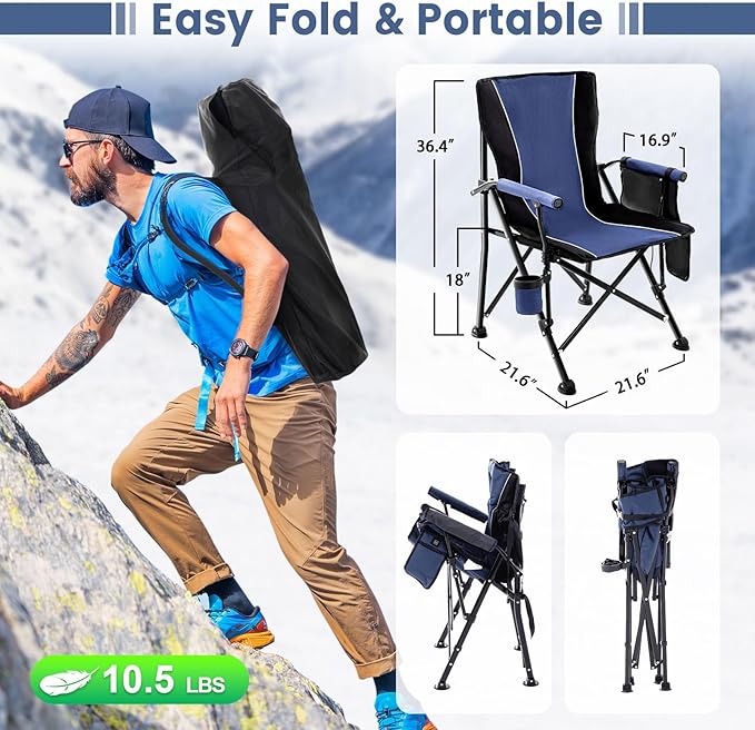 Lamberia Camping Chairs, Portable Heated Folding Chairs for Outdoor Sports, Heavy Duty Lawn Chairs for Adults Support 400lbs, Heated Camp Chair with Cup Holder,Navy Blue(2 Battery Pack Required)