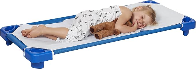 ECR4Kids Stackable Kiddie Cot with Sheet, Standard Size, Classroom Furniture, Blue, 6-Pack