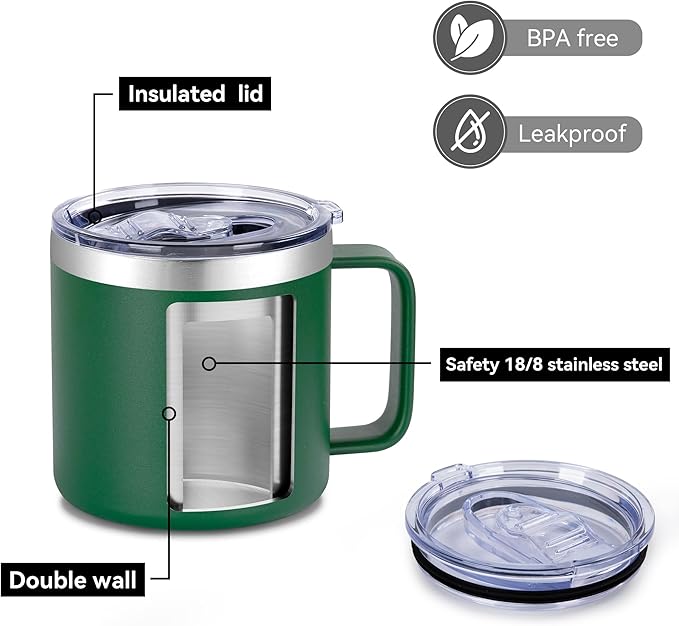 VEGOND 14 oz Insulated Coffee Mug with Handle, Stainless Steel Travel Coffee Mug with Lid, Double Wall Vacuum Metal Coffee Cup, Coffee Tumbler Powder Coated, Dark Green 1 Pack