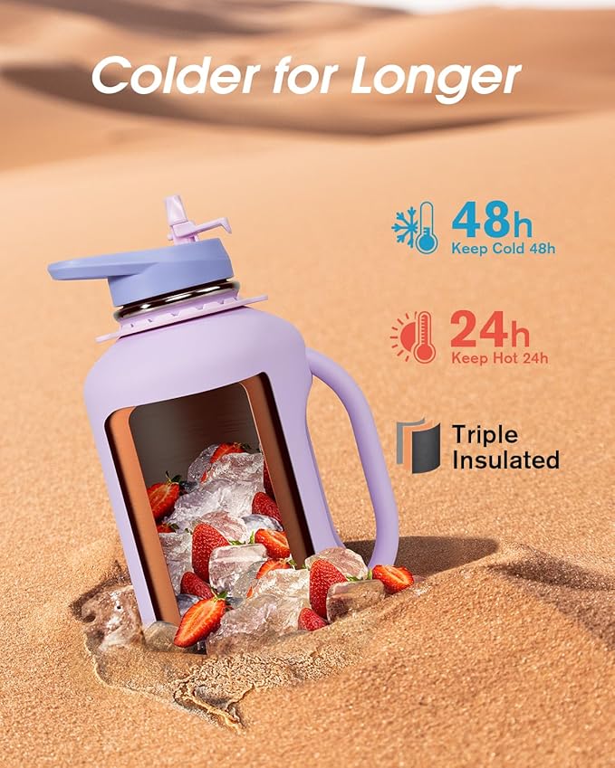 Coolflask Half Gallon Water Bottle with Straw, 64 oz Insulated Stainless Steel Water Jug With Handle Metal Double-Walled Vacuum Large Flask With Strap Leakproof, Keep Cold 48 Hrs Hot 24hrs, Lavender