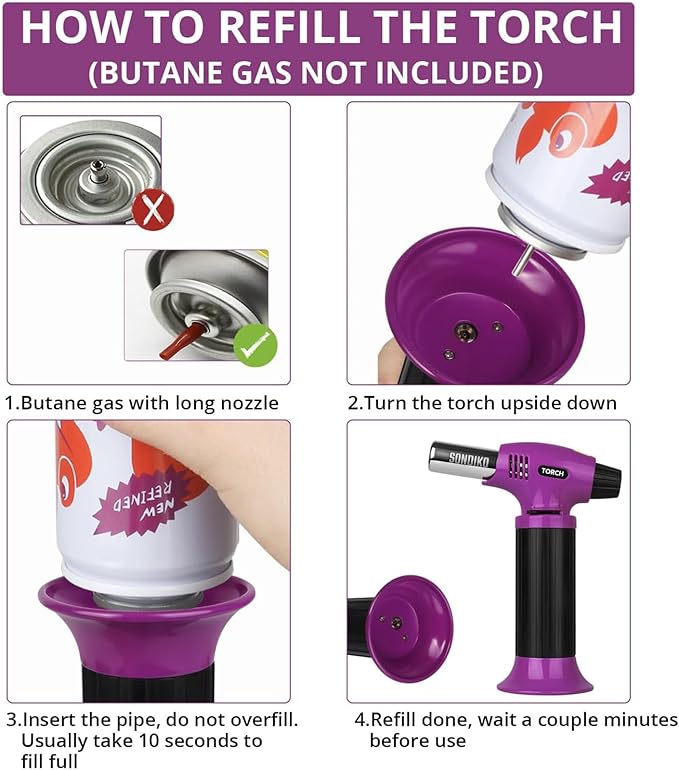 Sondiko Butane Torch Lighter, Refillable Kitchen Torch with Safety Lock and Adjustable Flame for Desserts, Creme Brulee, and Baking, Pink&Black