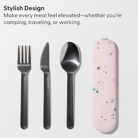 W&P Porter Stainless Steel Utensils with Silicone Carrying Case | Terrazzo Charcoal | Spoon, Fork & Knife for Meals on the Go | Portable and Compact Set