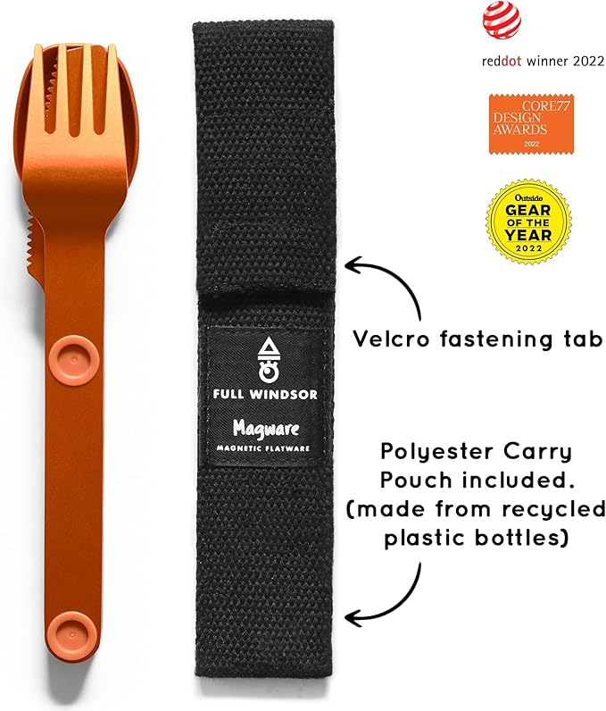 FULL WINDSOR - MAGWARE Magnetic Camping Cutlery Set - Travel Utensils for Camping, Cooking, and Outdoor Dining - Knife, Fork & Spoon - Portable Silverware with Pouch - Orange (3 PCS)