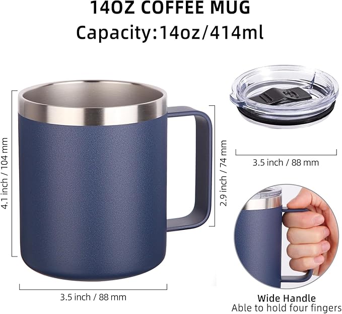Volhoply 14oz Insulated Stainless Steel Coffee Mug with Lid Bulk 4 Pack,Double Wall Vacuum Travel Coffee Cup with Handle,Reusable Metal Cups Tumbler,Camping Mugs Keep Hot,Ideal Gifts(Navy,4)
