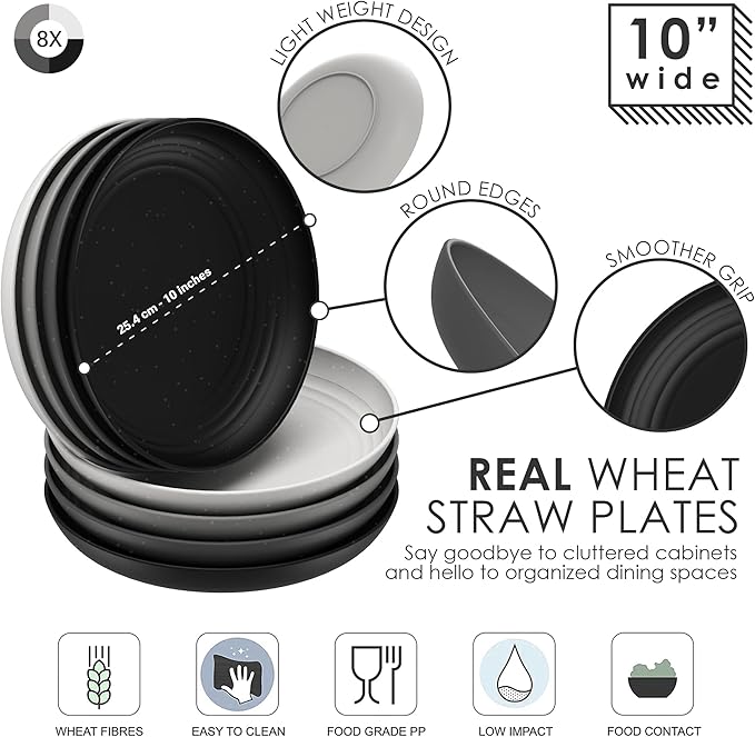 Wheat Straw Plates 10 inch - Alternate to Black Plastic Dinner Plate set of 8 - Microwave Safe Plates For Kitchen - Unbreakable Black Dishes For Kids Adults - Camping Dishes - Reusable Plastic Dish