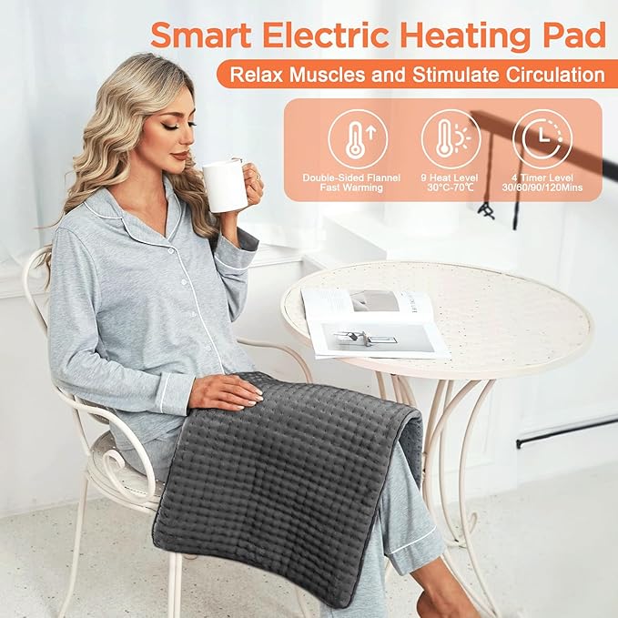 Heating Pad for Back & Period Cramps Relief, Electric Heat Pad for Neck and Shoulder, 9 Adjustable Heat, Machine Washable,Birthday Christmas Gifts for Women Men Mom Dad (Grey, 12" x 24")