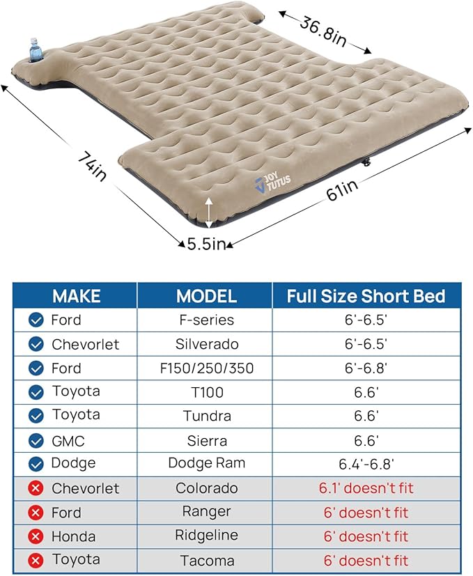 JOYTUTUS Upgraded Light Version Truck Bed Air Mattress for Camping, Thicken Inflatable Mattress for 6.4-6.7Ft Short Truck Bed,with Built-in Cup Holder&2 Inflatable Pillow,Camel and Black