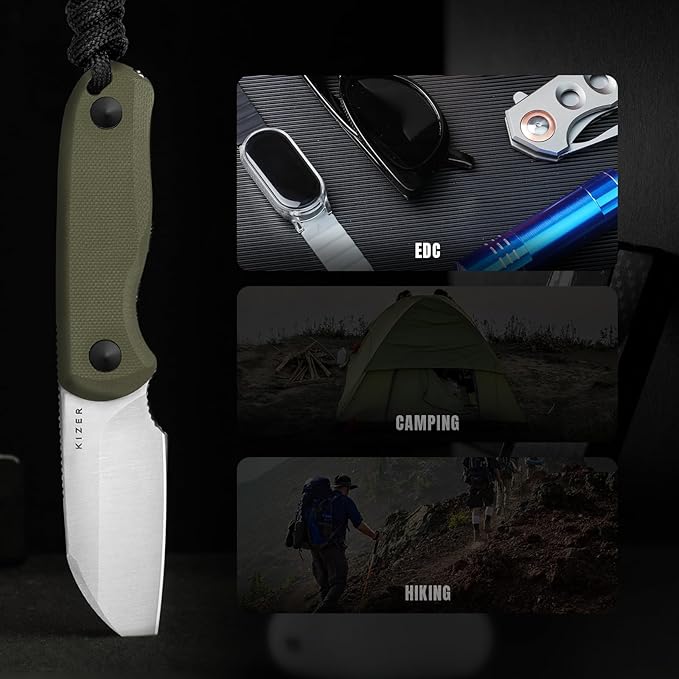 Kizer Drop Bear Fixed Blade Knife, 2.6" AEB-L Satin Blade EDC Camping Knife with Olive Green G10 Handle & Hidden Tools, Outdoor Full Tang Hunting Survival Knives with Adjustable Kydex Sheath 1093A1