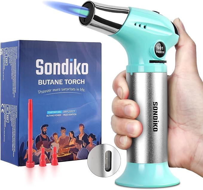 Sondiko Blow Torch with Fuel Gauge S901, Refillable Butane Torch Lighter with Adjustable Flame for Creme Brulee DIY, Creme Brulee, BBQ and Baking, Butane Gas Not Included