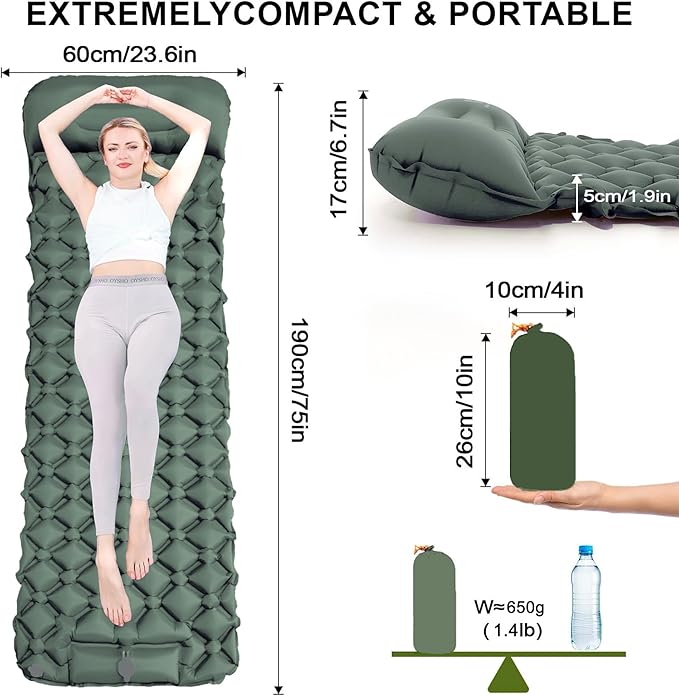 Ultralight Inflatable Camping Sleeping Pad – Compact Built-in Pillow,Waterproof & Durable –Connects to Double Bed and Ideal for Camping, Hiking & Outdoor Adventures (Green)