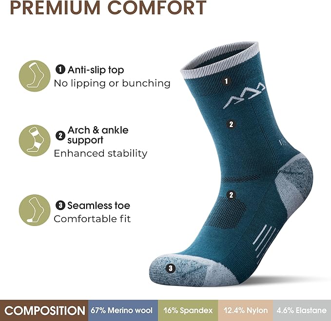 innotree 3 Pack Men's Merino Wool Hiking Socks, Micro Crew Cushioned Hiking Walking Thermal Moisture Wicking Trekking Socks