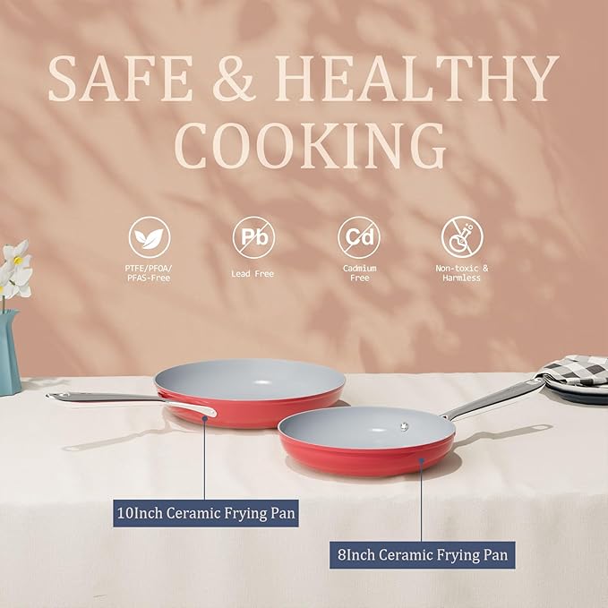 Nonstick Ceramic Frying Pan 8" for All Cooktops, PTFE/PFOA/PFAS Free, Even Heat Distribution Oven Safe to 500ยฐF, Healthy Non Toxic Skillet w/Ergonomic Stainless Steel Handle, Fusion Red