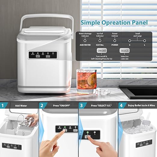 Ice Maker Machine Countertop Portable Compact Small Bullet Ice Maker with Self Cleaning,9 Cubes in 6 Mins,26lbs in 24Hrs, for Camping Dorm Home Outdoor (White)