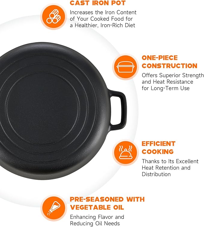 DARTMOOR 2-in-1 Pre-Seasoned Cast Iron Dutch Oven with Lid, 4.8 qt Pot & 10.5 in Skillet Cookware Set with Handles & Lid Lifter, Deep Pot for Baking Stewing Roasting, Indoor & Outdoor Use
