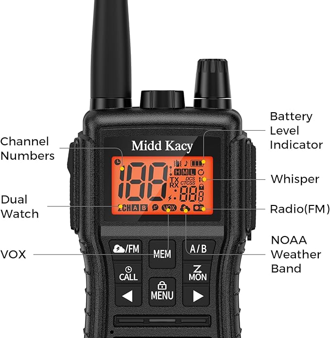 Midd Kacy MK208 Two Way Radio,Walkie Talkies,Multi-Function Walkie-Talkies with 61 Channels,121 Privacy Codes,New Flashlight,MEM,IP55 Waterproof,SOS,NOAA Weather Alerts,VOX-Black,2 Pack