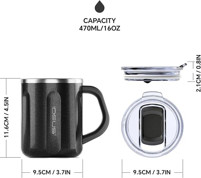 Ideus 16 oz Coffee Cup, Stainless Steel Coffee Travel Mug, Spill Proof Tea Mug with Handle and Lid, Lightweight and Durable, Great for Office Home and Outdoor Use, Black
