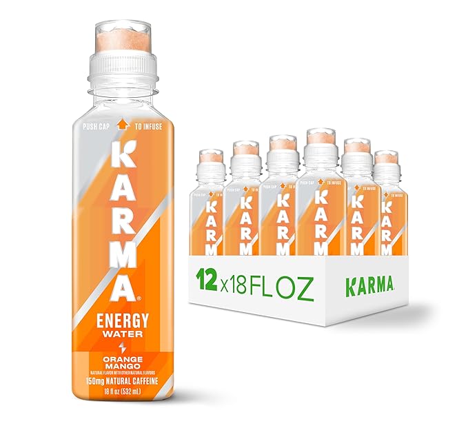 Karma Energy Drink – 12 Pack, Orange Mango Caffeinated Water with Cognizin® Nootropics, Vitamins & Immune Support, Low Calorie