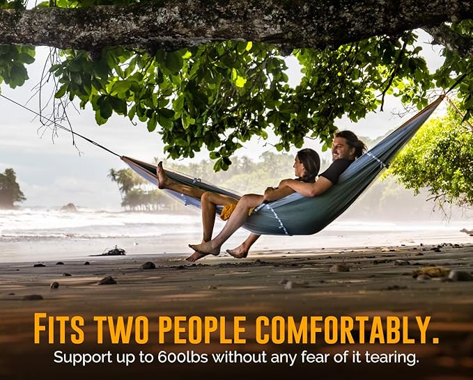 X-Large 2 Person Indoor Outdoor Camping Hammock - Compact Waterproof Double Hammock with Pocket, Tree Straps & Heavy Duty Carabiners - Parachute Grade Nylon Can Hold Over 600lbs of Weight