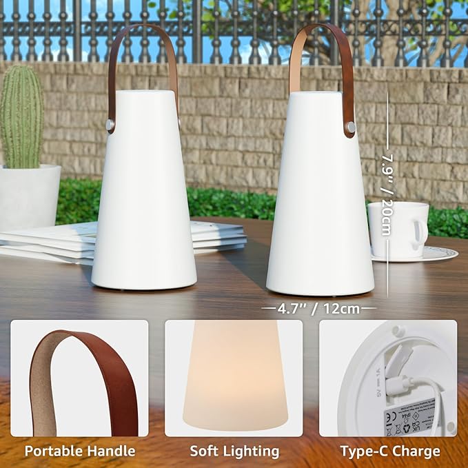 2 Pack Outdoor Lanterns, GGII Rechargeable Lantern with IP44 Water-Resistant, Portable Cordless Outdoor Table Lamp RGB Colors for Patio Garden Camping Party (Leather)