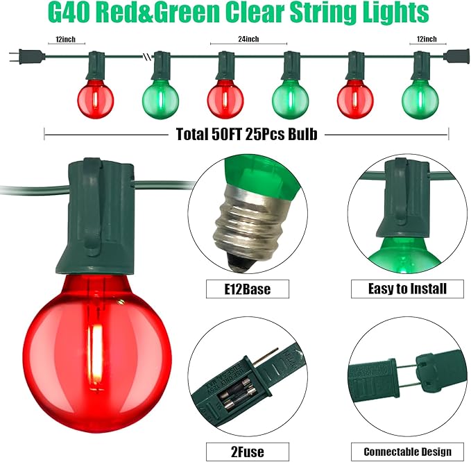 Abeja 50FT Multicolor Christma Lights Outdoor, 50Ft Outdoor Red/Green Christmas Lights with 25 LED Colorful Bulbs(2 Spare), Outside Christmas Hanging for Tree Roofline Holiday Party