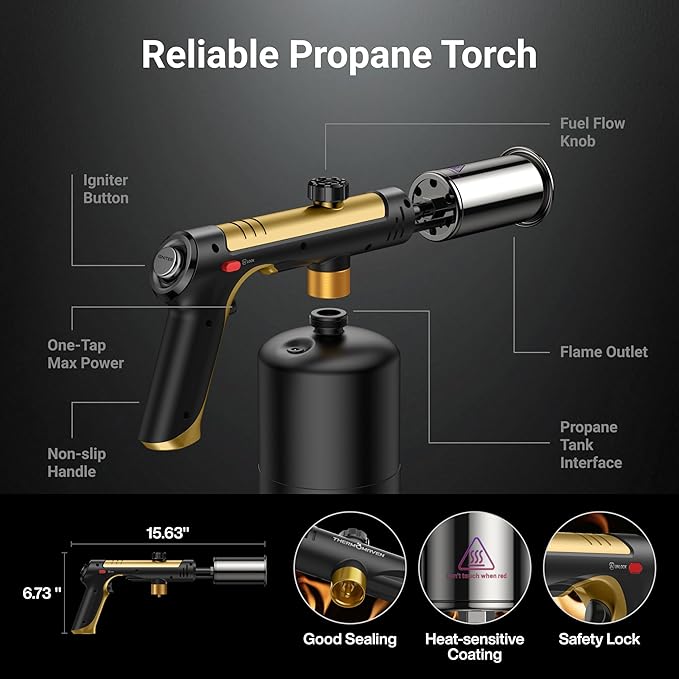 Propane Torch with One-Touch Max Fire, Cooking Blow Torch Gun with a Safety Lock, Charcoal Lighter, Flame Thrower, Kitchen Food Torch Head for Grill, Sous Vide, BBQ, Gold