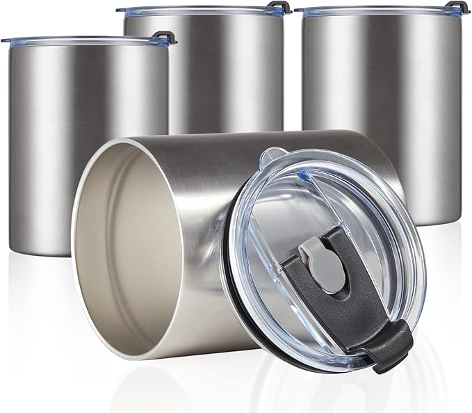 MEWAY 12 oz Lowball, Tumbler Stainless Steel Double Wall Vacuum Insulated Mug with Straw and Lid, Cleaning Brush ,Durable Powder Coated Insulated Coffee Cup for Cold & Hot Drinks (Silver, 1 Pack)