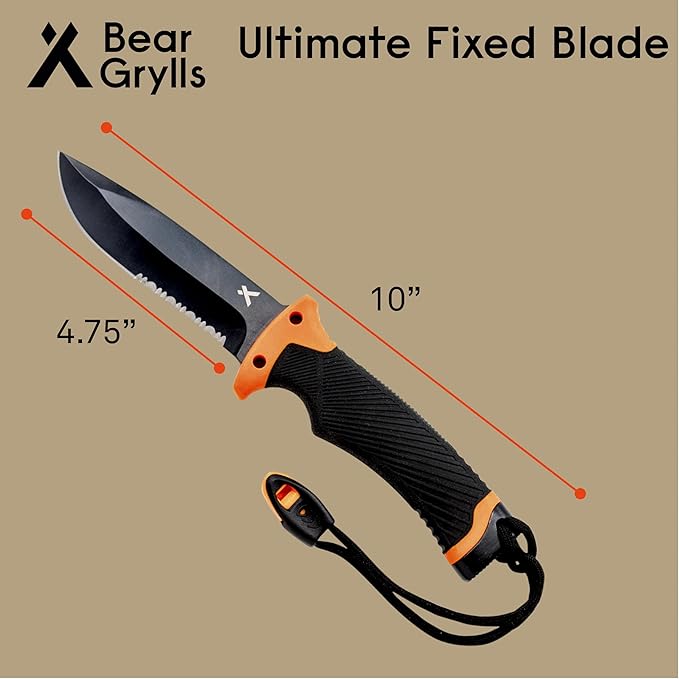Ultimate Knife - Fixed Blade Knife, Full Tang with Serrated Edge, Fire Striking Edge, and Emergency Whistle, Includes Sheath - 4.75” Blade, Stainless Steel Blade, Black