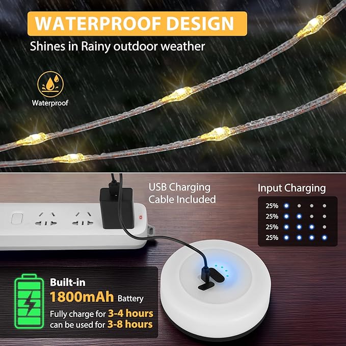 Camping String Lights, 4 in 1 Quick Storage Camping Essentials Gear 32.8FT Rechargeable Tent Lights with 9 Modes Warm +RGB Waterproof Camp Lamp for Camping Hiking Patio Garden Halloween Xmas Decor
