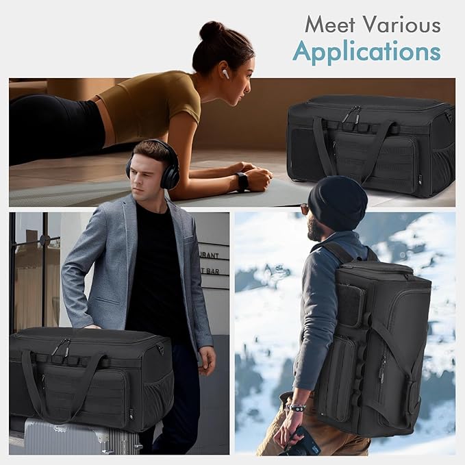 BAGZY Tactical Gym Bags for Men 3 In 1 Travel Duffle Bag 40L with Shoe Compartment Travel Backpack Fitness Weekender Deployment with 1pcs Tactical Toiletry Bag Black