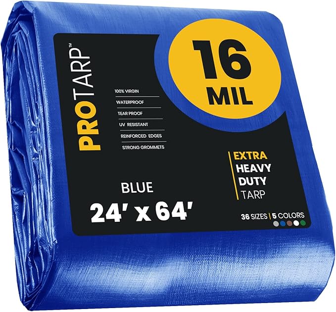 PROTARP Extra Heavy Duty 16 Mil Tarp Cover, Waterproof, UV Resistant, Rip and Tear Proof, Poly Tarpaulin with Reinforced Edges for Roof, Camping, Patio, Pool, Boat. (Blue 24′ X 64′)