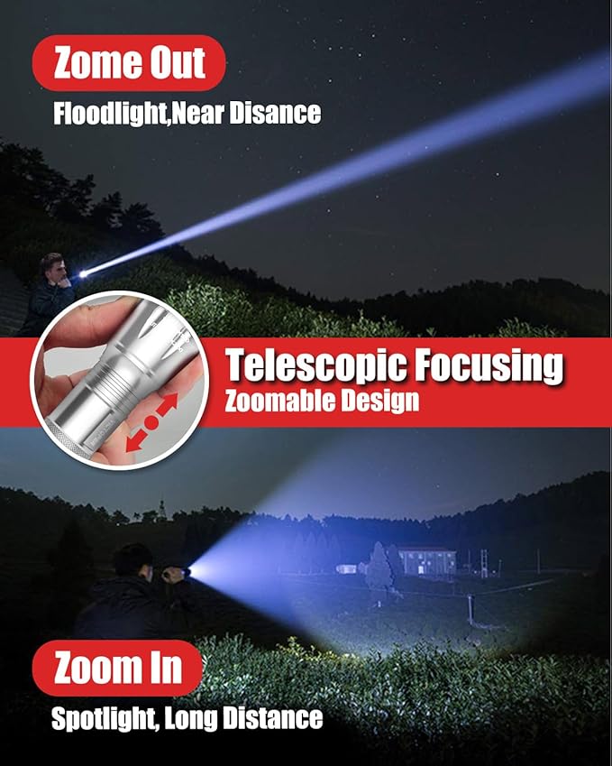 Victoper LED Flashlight 2 Pack Silver, Bright High Lumens Tactical Flashlights High Lumens with 5 Modes, Waterproof Zoomable Flash Light for Outdoor, Gifts for Hunting Camping Essentials Gear