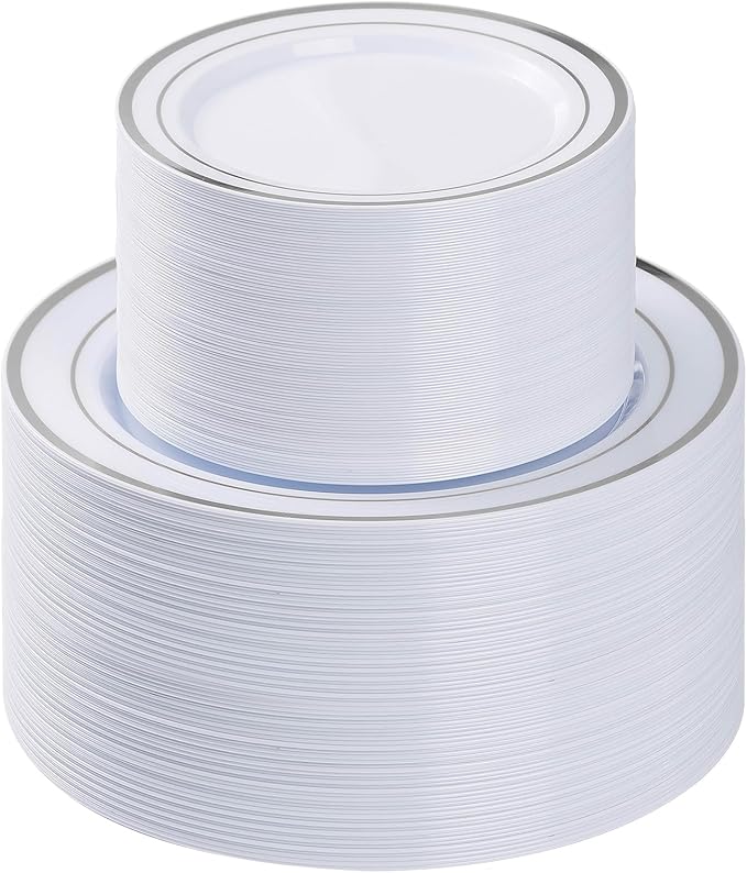 200PCS Silver Plastic Plate, Disposable Party Plates with 100 Dinner Plates and 100 Dessert Plates, Plastic Plates for Party, Wedding and Birthday