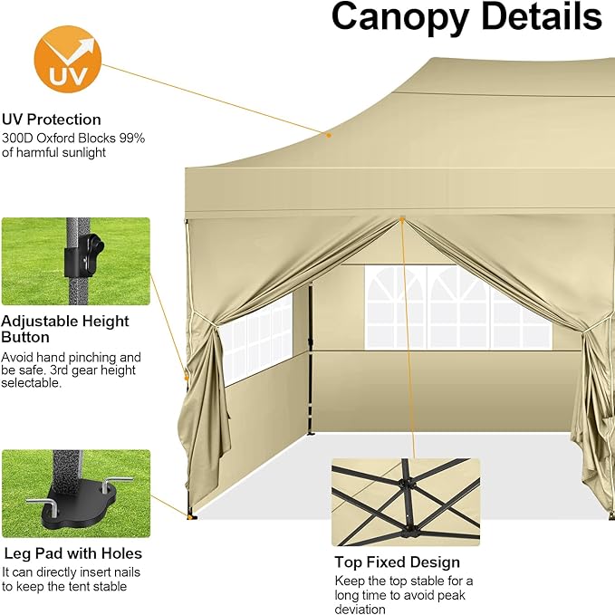 COBIZI 10x20 Pop up Canopy Tent 10x20 Canopy with 6 Sidewalls Waterproof Heavy Duty Gazebo Commercial Canopy Tent for Parties Outdoor Tent Gazebo Tent, Carry Bag with Wheel(10x20ft, Khaki)