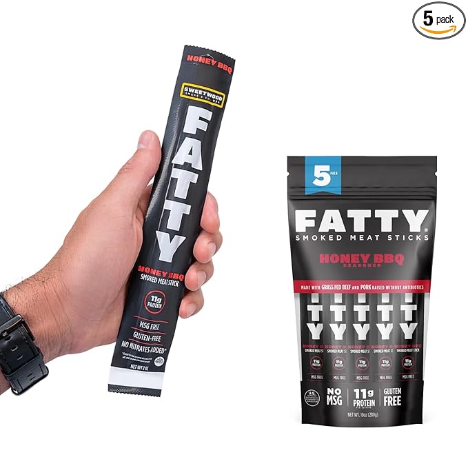 FATTY Meat Sticks, Made with Grass Fed Beef, Pork Raised Without Antibiotics, 11g Protein Per Stick, Honey BBQ, 2 oz. (Pack of 5)