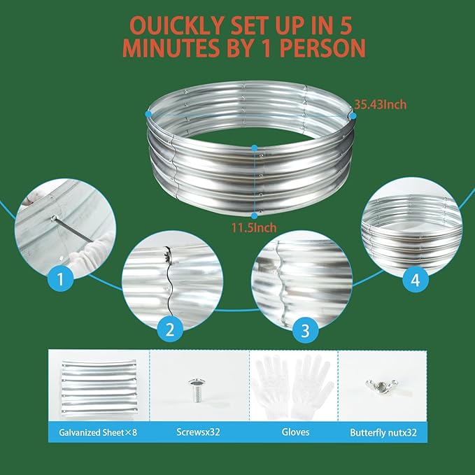 Durable Round Galvanized Steel Raised Garden Bed for Planting,Round Galvanized Steel Fire Ring/Fir Pit 36-Inch for Outdoor- 3×3×1FT,0.8MM Thick (36 ins Diameter x 12 ins high, Silver)