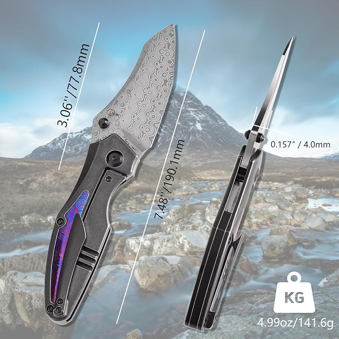 KANSEPT Baba Yaga Pocket Folding Knives for Men Women Camping Hiking Folding Knife 3.06'' Satin Damascus Blade EDC Knife with Titanium Timascus Inlay Timascus Clip Handle Everyday Carry K1074A8