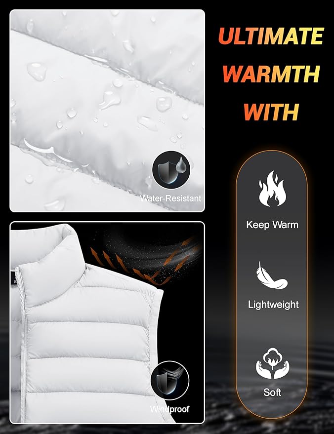 Cotrasen Men's Puffer Lightweight Vest Packable Outerwear Vest Warm Winter Outdoor Sleeveless Jacket for Travel Running
