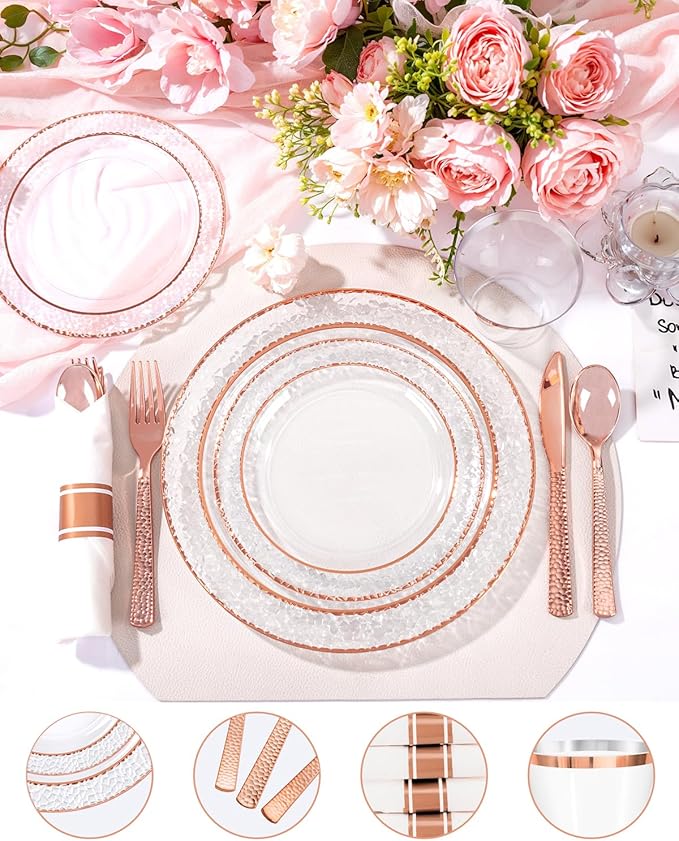 Ciaell 350PCS Rose Gold Plastic Plates - Clear Rose Gold Disposable Plates with Plastic Silverware include 100Plates, 150Silverware, 50Cups, 50Napkins for Wedding & Party & Baby Shower