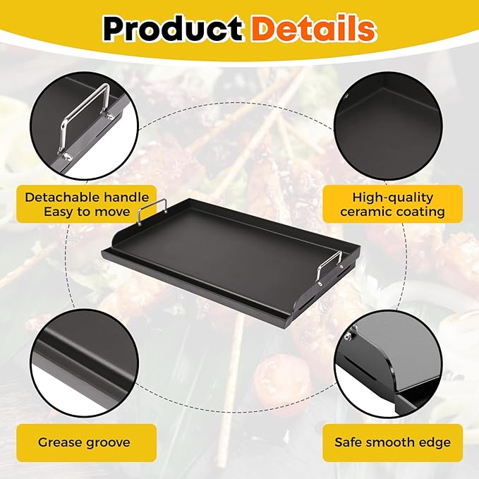 17" x 13" Universal Gas Grill Griddle Plate with Removable Handles,Nonstick Cast Iron Flat Top Cooking Surface,Grease Groove Design for Camping Tailgating Parties on Charcoal/Gas Grills