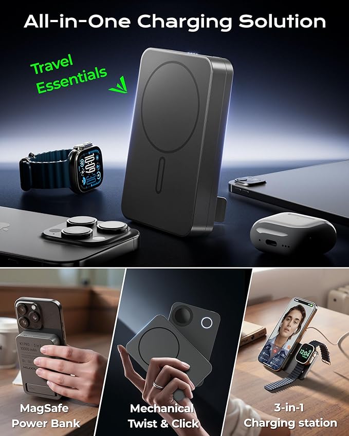 Magnetic 3 in 1 Portable Charger Wireless Charging Station, KU XIU 10000mAh Foldable Power Bank 15W Fast Charging, Travel Charger Battery Pack for iPhone 16/15/14/13/12, for Apple Watch, AirPods, Gray
