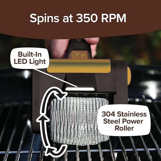 Horsepower Giddy Up GOLD Free Spinning Grill Brush w/LED, AS-SEEN-ON-TV, Cordless & Rechargeable, 304 Stainless Steel Power Roller Blasts Away Burnt-On Food, No Bristles, No Preheating