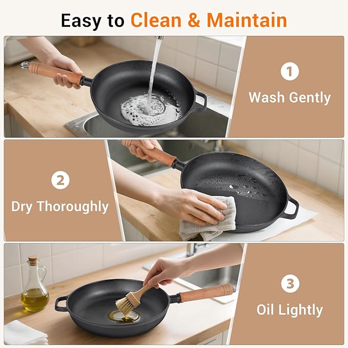 12" Cast Iron Skillet with Lid & Removable Wooden Handle, Pre-Seasoned Frying Pan for Stove, Oven, Grill & Campfire Cooking (1, 12")