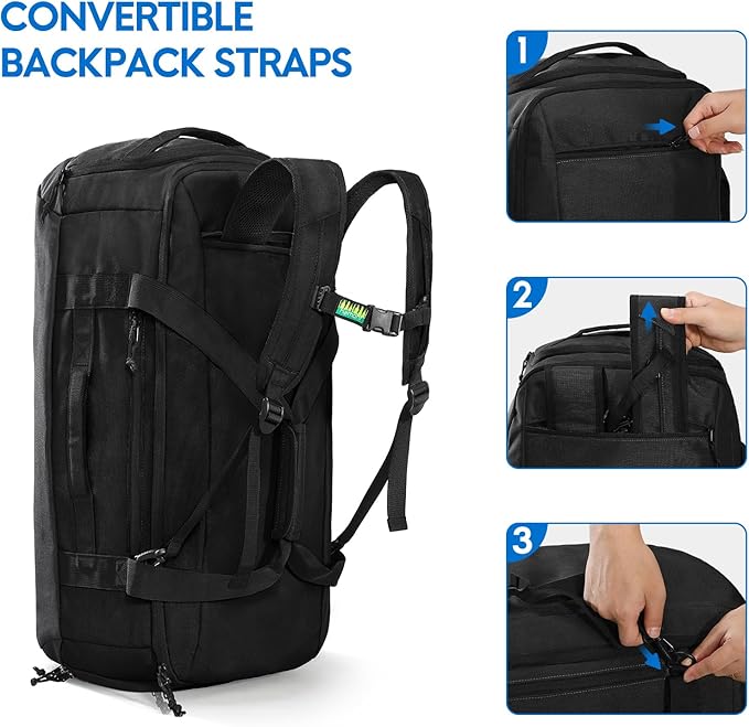Haimont 60L Foldable Duffle Bag Backpack with Shoe Compartment, Large Travel Duffel for Gym, Sports, Luggage, Camping, Men & Women, Black