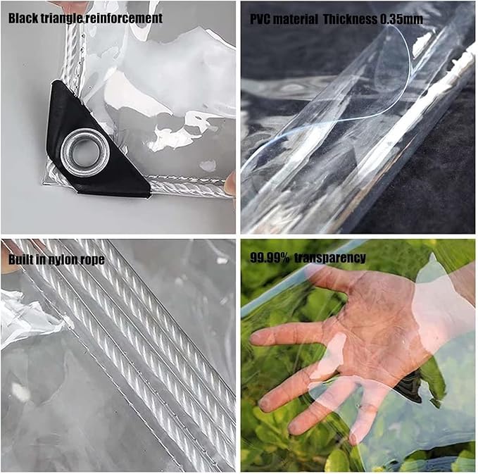 10' X 12' Outdoor Clear Tarp Curtain Waterproof Wind-Proof 0.35mm Transparent Vinyl Tarp for Patio Pergola Garden Canopy Rainproof Anti-Tear PVC Thick Cover with Grommets